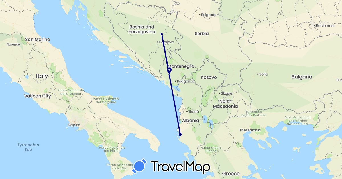 TravelMap itinerary: driving in Albania, Bosnia and Herzegovina (Europe)